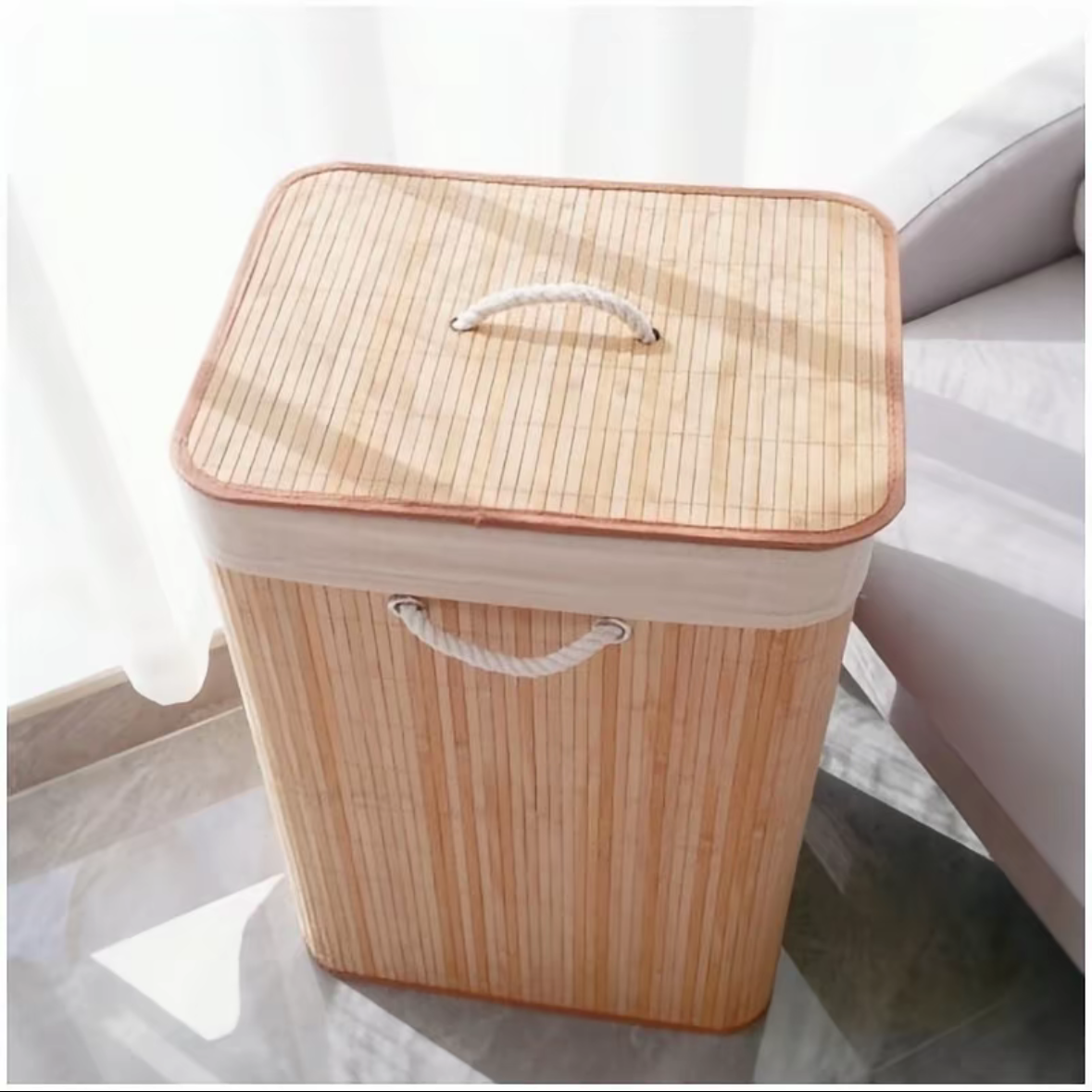 Cesto de Roupa Suja em Bambu com Tampa e Saco Removível – 42x30x60cm