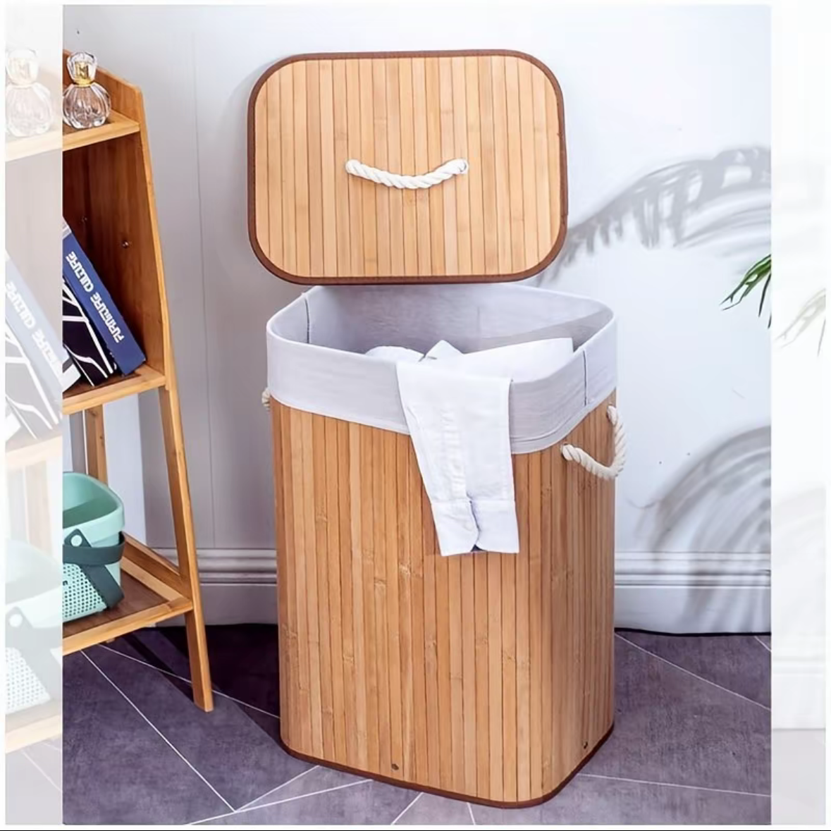 Cesto de Roupa Suja em Bambu com Tampa e Saco Removível – 42x30x60cm
