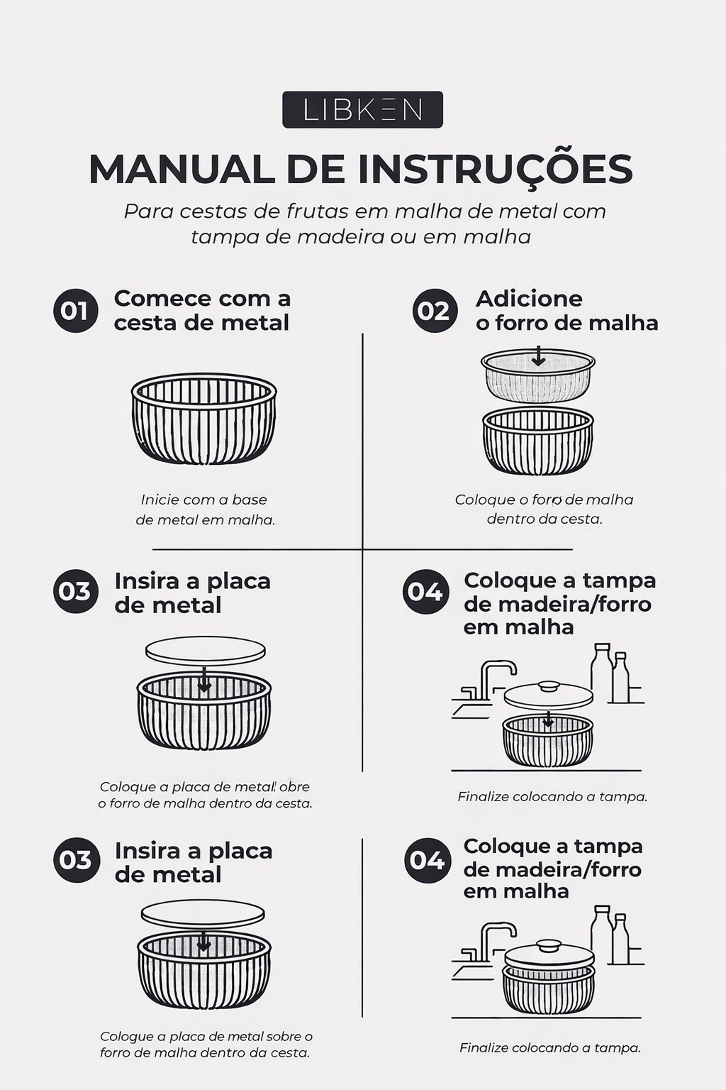 Tigela de frutas de metal com tampa e cesta de malha