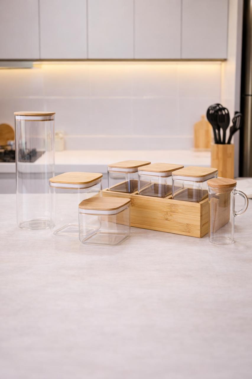 Kit Organizador Premium Kitchen Bamboo – Potes de Vidro com Tampa de Bambu